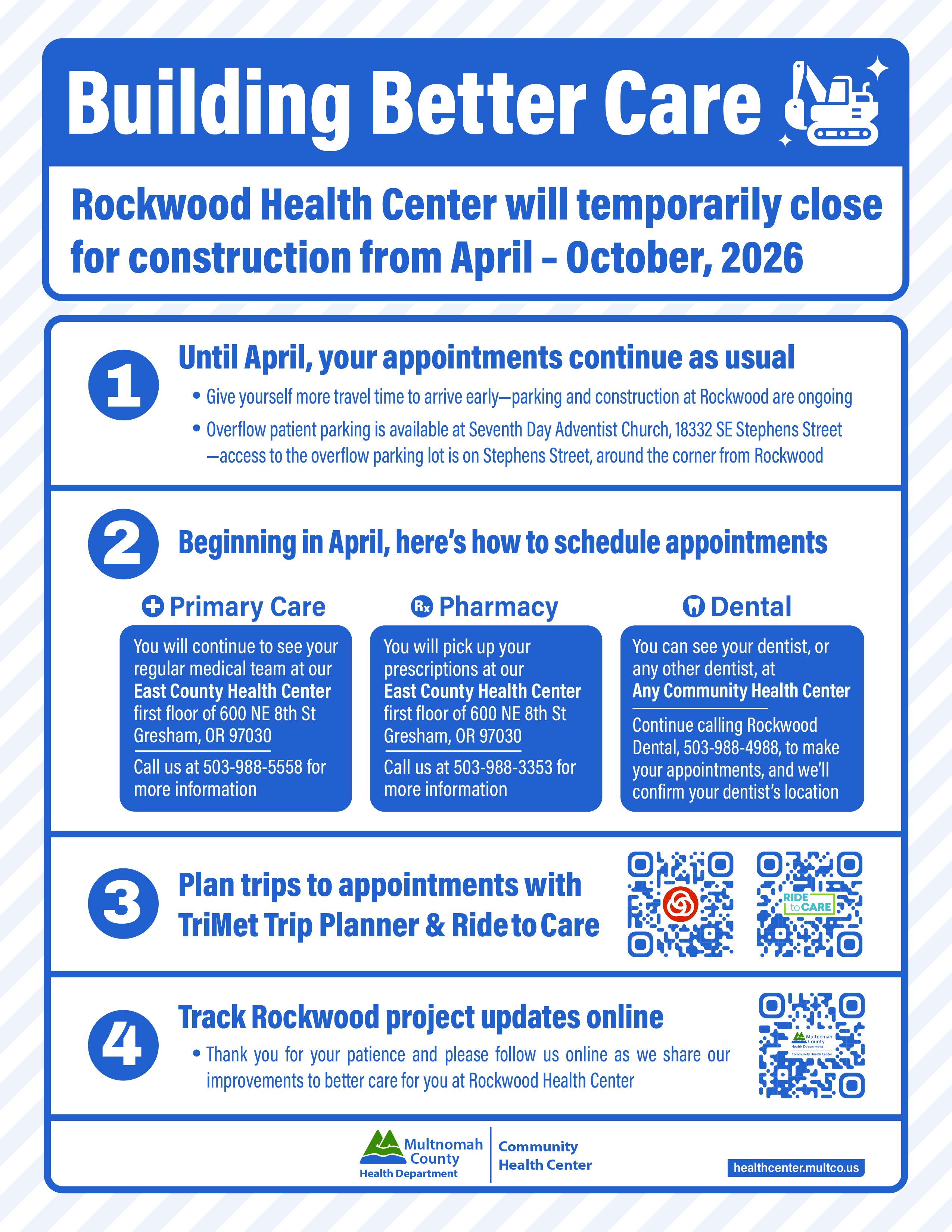 Rockwood Health Center temporary closure due to construction Information sheet - provides cetails to continue to receive care and also travel to other sites during this time.