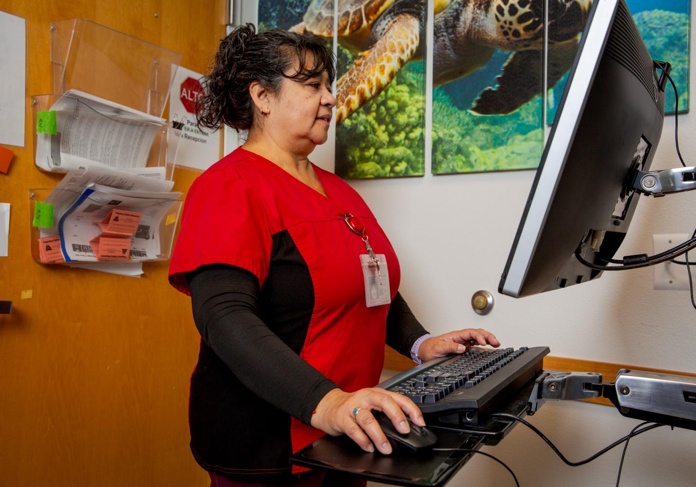 A nurse works at a computer monitor.