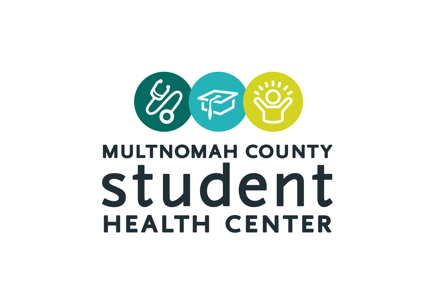 Multnomah County Student Health Center logo. Contains illustrations of a stethoscope, a graduation cap, and a person cheering.