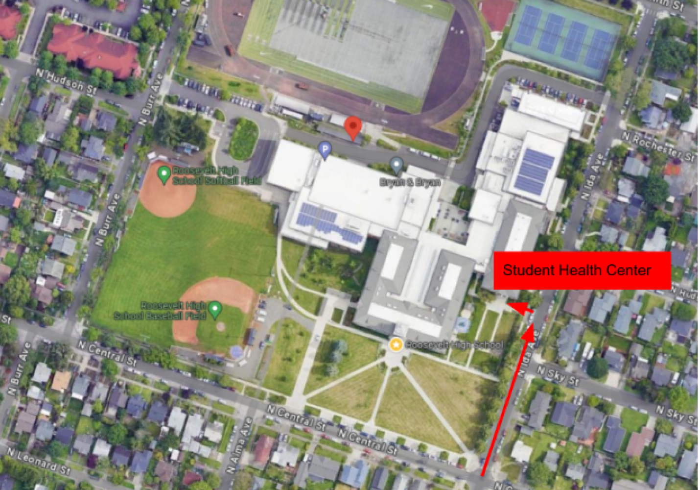 Directions to the Student Health Center at Roosevelt High School